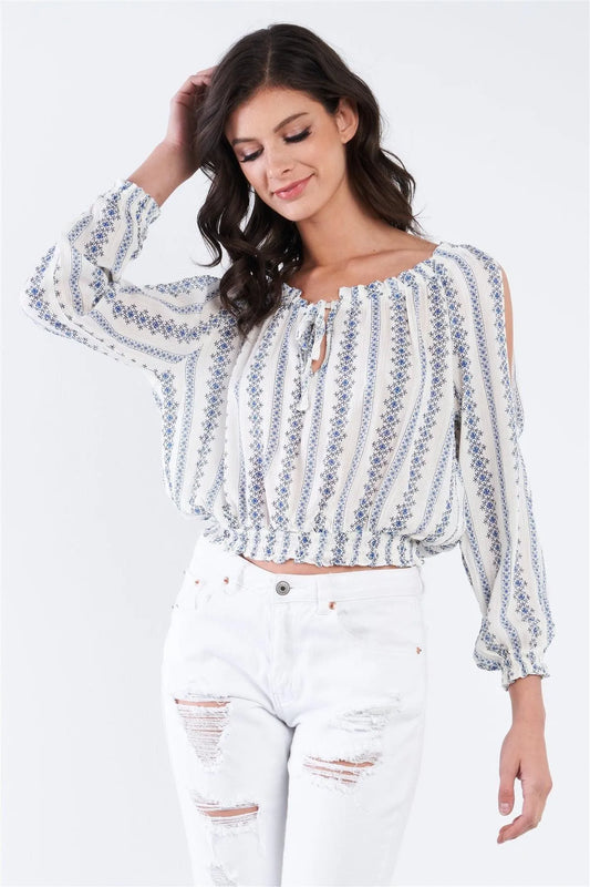 Navy Cold Shoulder Open Keyhole Boho Top /2-2-2 - Tasha Apparel Wholesale