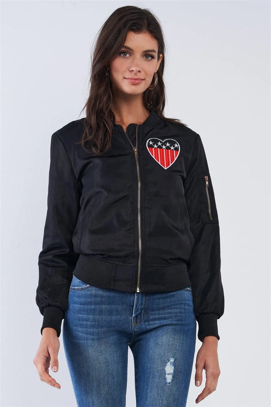 American Made Black Multicolor Patriotic Stamp Flight Bomber Jacket /2-2-3 - Tasha Apparel Wholesale