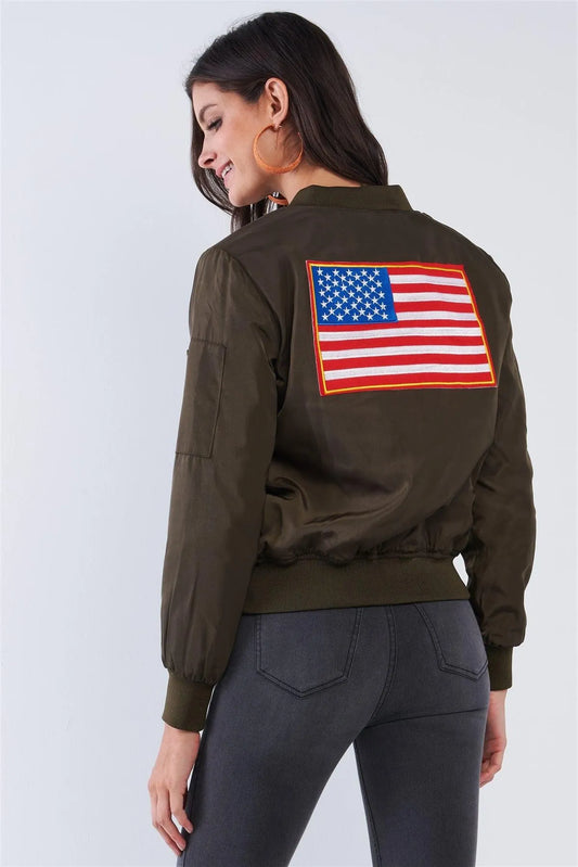 American Made Olive Green Multicolor Patriotic Stamp Flight Bomber Jacket /1-1-2 - Tasha Apparel Wholesale