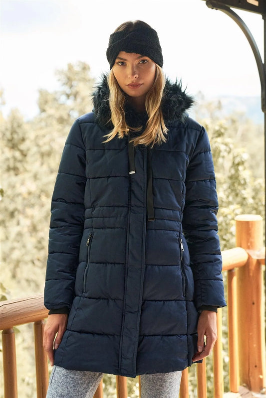 Navy Glossy Long Fitted Vegan Fur Hood Detail Winter Puffer Jacket - Tasha Apparel Wholesale