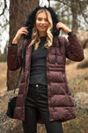 Wine Glossy Long Fitted Vegan Fur Hood Detail Winter Puffer Jacket