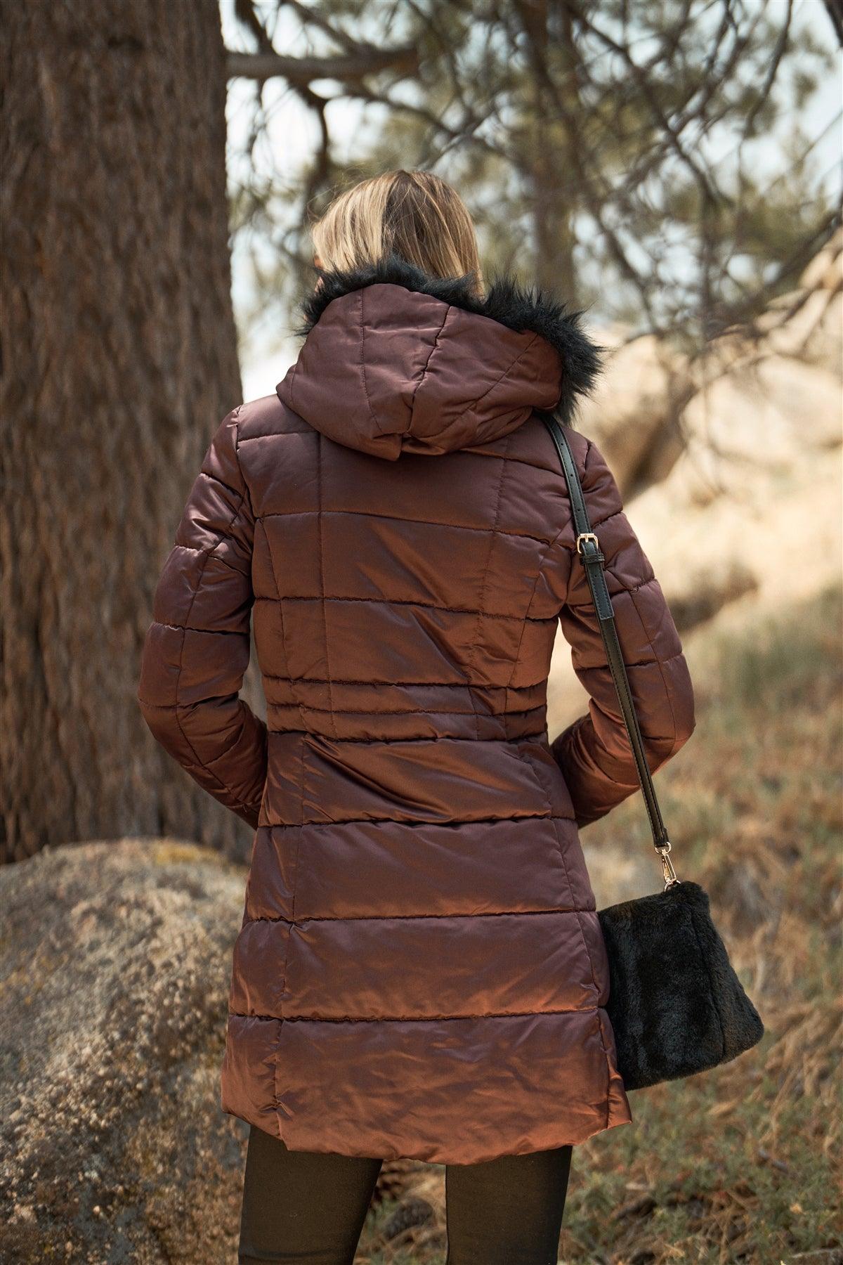 Wine Glossy Long Fitted Vegan Fur Hood Detail Winter Puffer Jacket