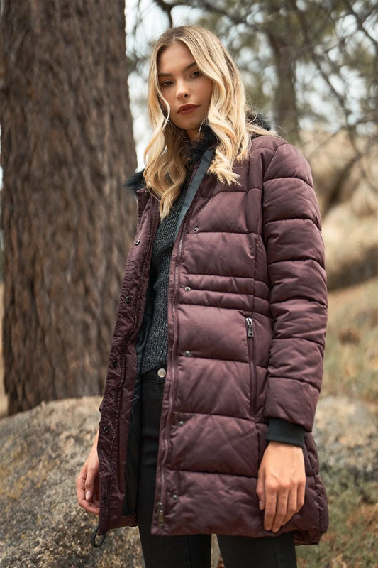 Wine Glossy Long Fitted Vegan Fur Hood Detail Winter Puffer Jacket /2-2-1-2 - Tasha Apparel Wholesale