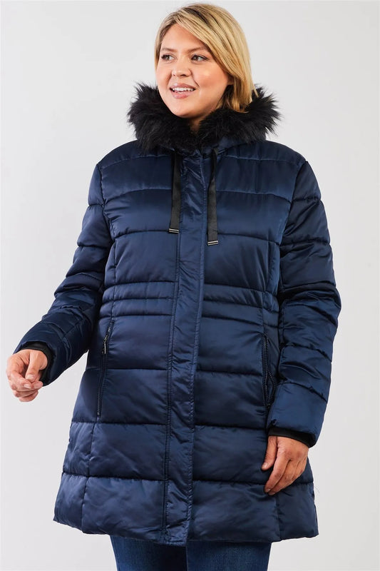 Junior Plus Navy Glossy Long Fitted Vegan Fur Hood Detail Winter Puffer Jacket /1-1-1-1 - Tasha Apparel Wholesale