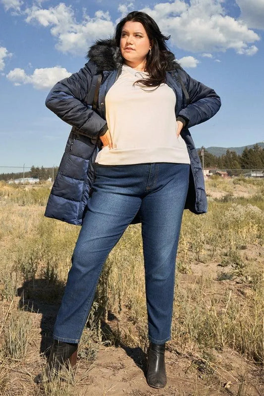 Plus Size Long Fitted Vegan Fur Hood Winter Puffer Jacket - Tasha Apparel Wholesale