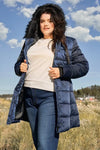 Junior Plus Navy Glossy Long Fitted Vegan Fur Hood Detail Winter Puffer Jacket /2-2 - Tasha Apparel Wholesale