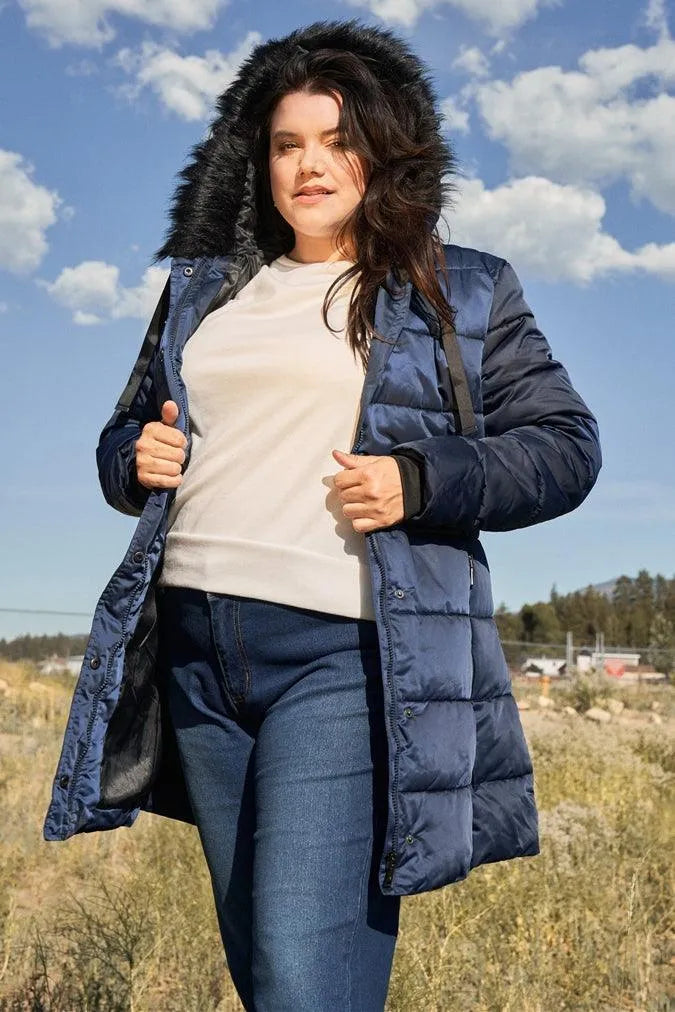 Junior Plus Navy Glossy Long Fitted Vegan Fur Hood Detail Winter Puffer Jacket /2-2 - Tasha Apparel Wholesale