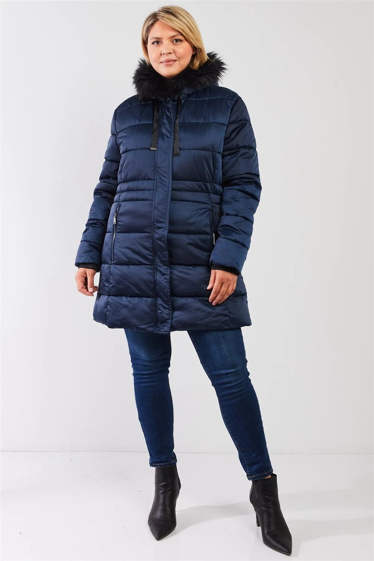 Junior Plus Navy Glossy Long Fitted Vegan Fur Hood Detail Winter Puffer Jacket /2-2 - Tasha Apparel Wholesale