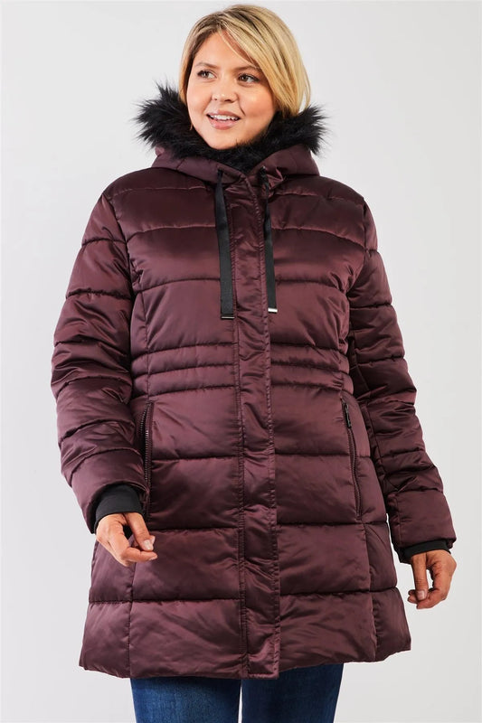 Junior Plus Wine Glossy Long Fitted Vegan Fur Hood Detail Winter Puffer Jacket - Tasha Apparel Wholesale