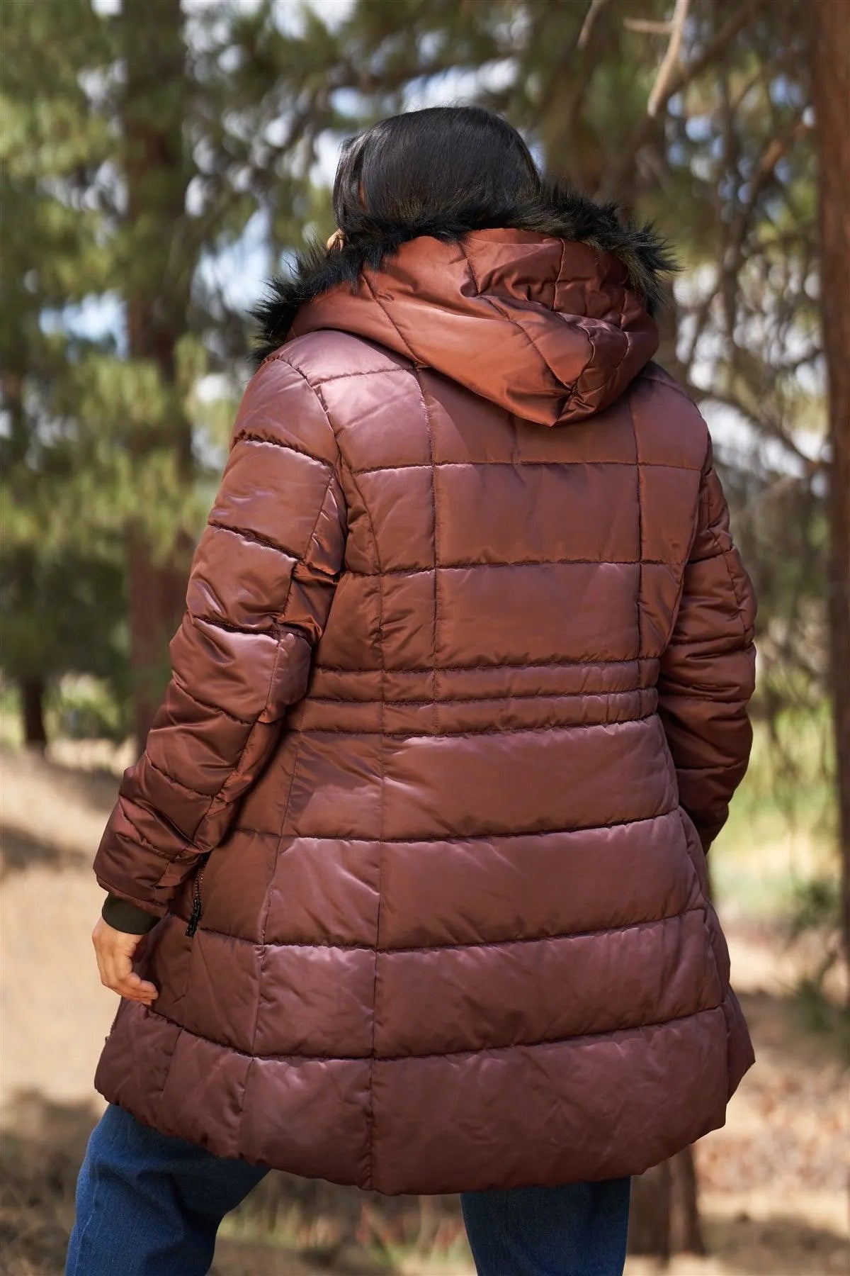 Junior Plus Wine Glossy Long Fitted Vegan Fur Hood Detail Winter Puffer Jacket - Tasha Apparel Wholesale
