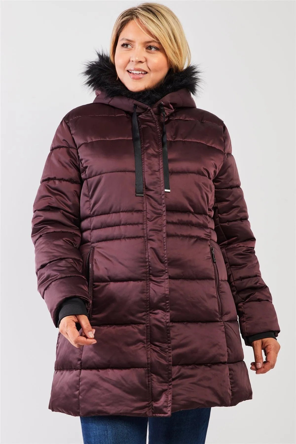 Junior Plus Wine Glossy Long Fitted Vegan Fur Hood Detail Winter Puffer Jacket /1-1-1-1 - Tasha Apparel Wholesale