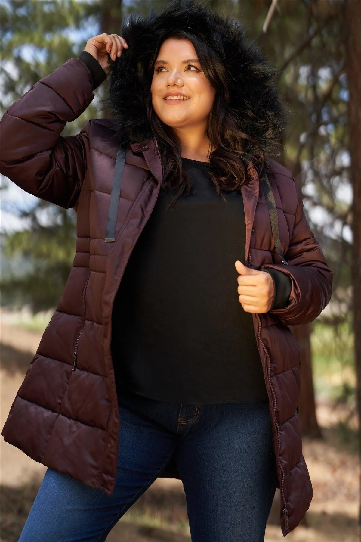 Junior Plus Wine Glossy Long Fitted Vegan Fur Hood Detail Winter Puffer Jacket /1-1-1-1 - Tasha Apparel Wholesale