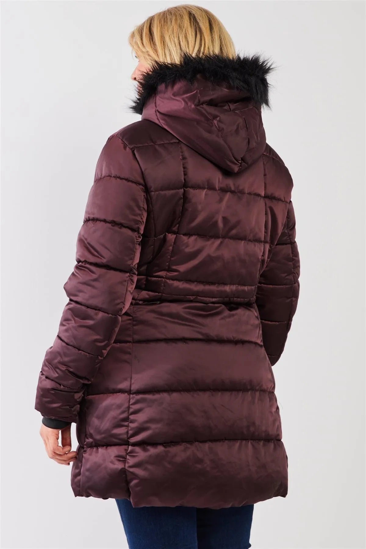 Junior Plus Wine Glossy Long Fitted Vegan Fur Hood Detail Winter Puffer Jacket /1-1-1-1 - Tasha Apparel Wholesale