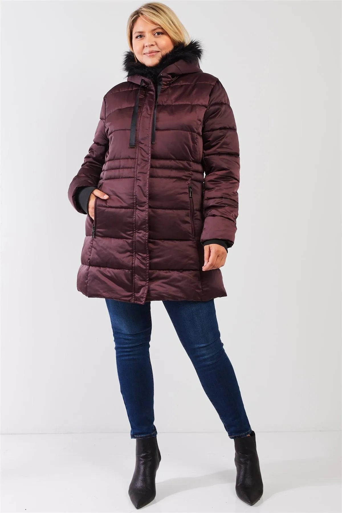 Junior Plus Wine Glossy Long Fitted Vegan Fur Hood Detail Winter Puffer Jacket /1-1-1-1 - Tasha Apparel Wholesale