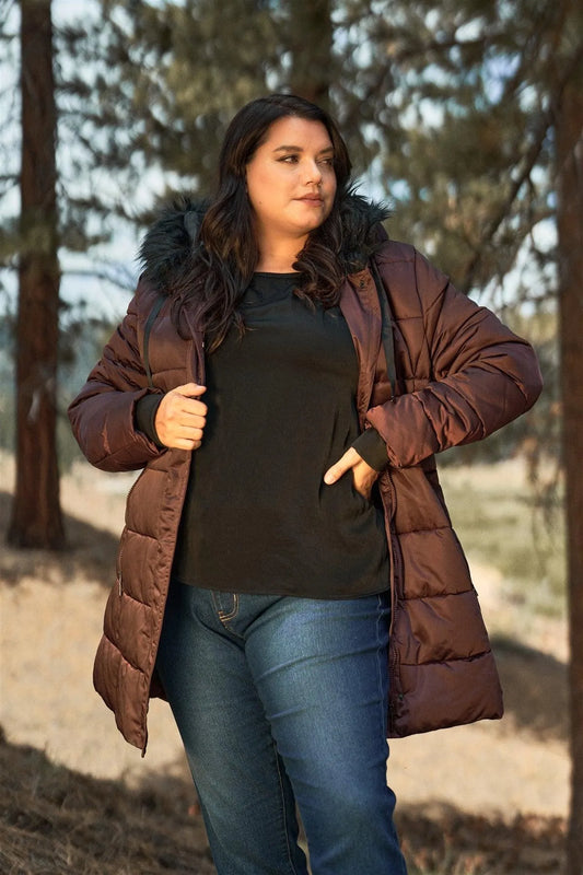 Junior Plus Wine Glossy Long Fitted Vegan Fur Hood Detail Winter Puffer Jacket /1-2-1-1 - Tasha Apparel Wholesale