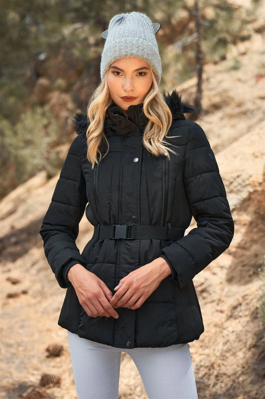 Black Faux Fur Harness Buckle Belt Detail Long Fitted Puffer Jacket - Tasha Apparel Wholesale