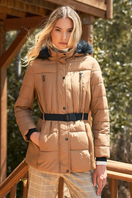 Camel Beige Faux Fur Harness Buckle Belt Detail Long Fitted Puffer Jacket /1-2-2-2 - Tasha Apparel Wholesale