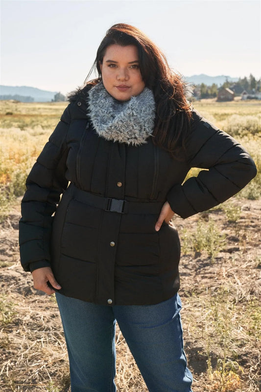 Junior Plus Black Faux Fur Harness Buckle Belt Detail Long Fitted Puffer Jacket /1-1-1-1 - Tasha Apparel Wholesale