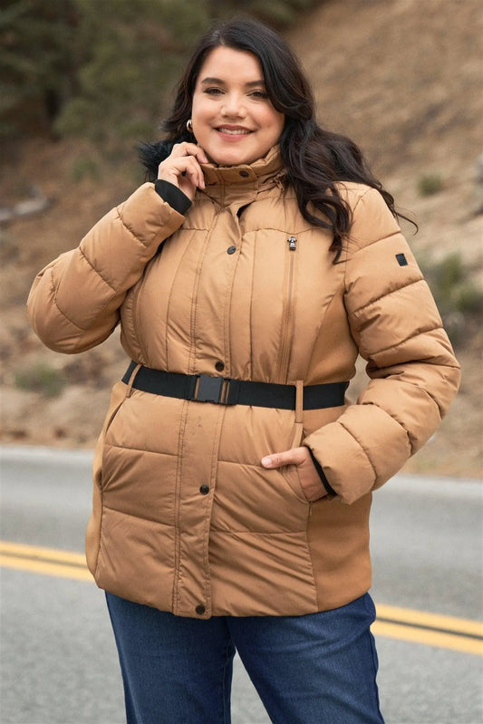 Junior Plus Camel Beige Faux Fur Harness Buckle Belt Detail Long Fitted Puffer Jacket /1-1-1-1 - Tasha Apparel Wholesale