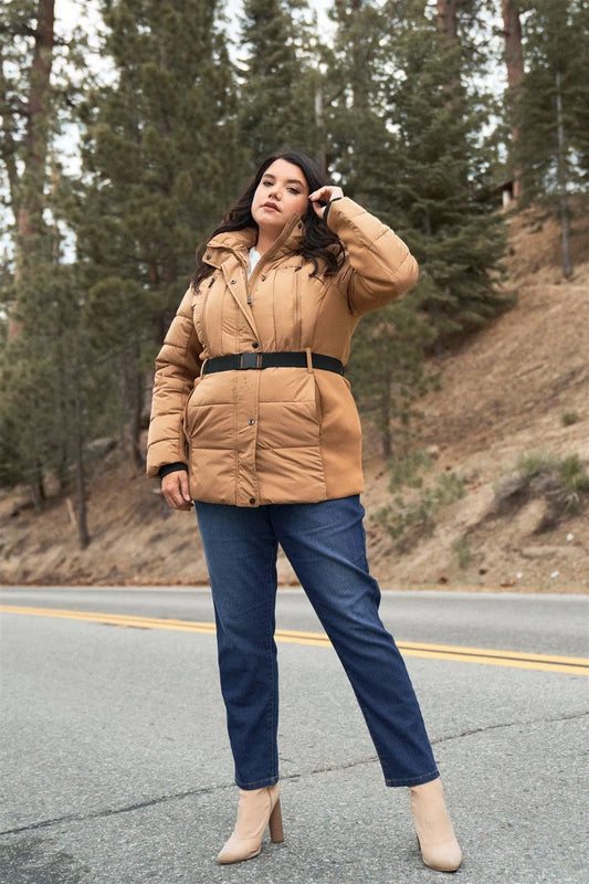 Junior Plus Camel Beige Faux Fur Harness Buckle Belt Detail Long Fitted Puffer Jacket /2-1-2-1 - Tasha Apparel Wholesale