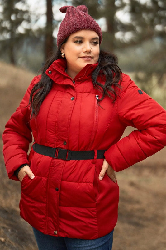 Junior Plus Red Faux Fur Harness Buckle Belt Detail Long Fitted Puffer Jacket - Tasha Apparel Wholesale