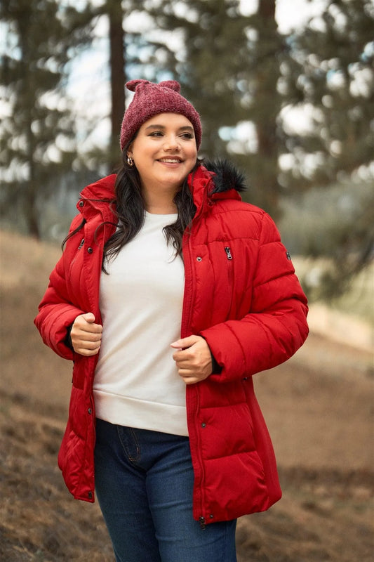 Junior Plus Red Faux Fur Harness Buckle Belt Detail Long Fitted Puffer Jacket /2-1-1 - Tasha Apparel Wholesale