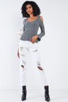 Concrete Grey Silver Tinsel Knitted Peek-A-Boo Self Tie Shoulder Top /2-2 - Tasha Apparel Wholesale