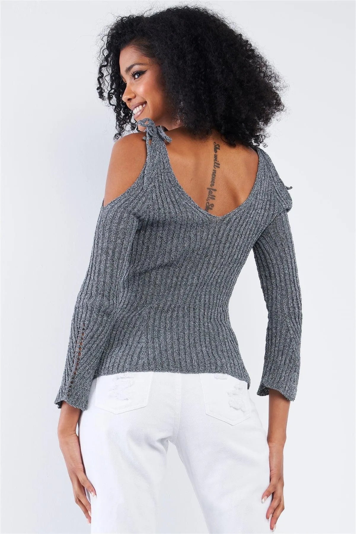 Concrete Grey Silver Tinsel Knitted Peek-A-Boo Self Tie Shoulder Top /2-2 - Tasha Apparel Wholesale