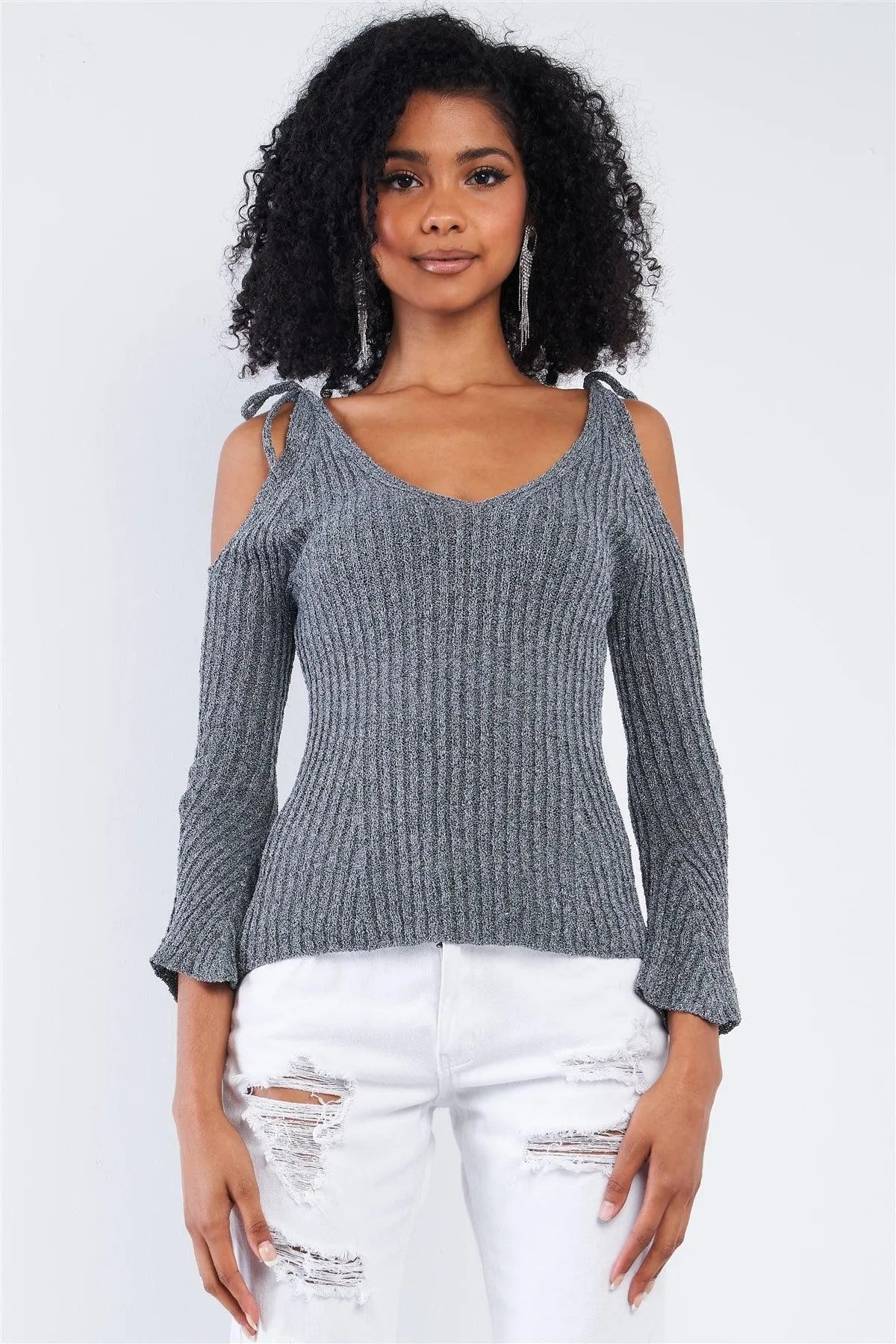 Concrete Grey Silver Tinsel Knitted Peek-A-Boo Self Tie Shoulder Top /2-2 - Tasha Apparel Wholesale