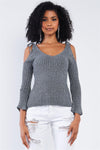 Concrete Grey Silver Tinsel Knitted Peek-A-Boo Self Tie Shoulder Top