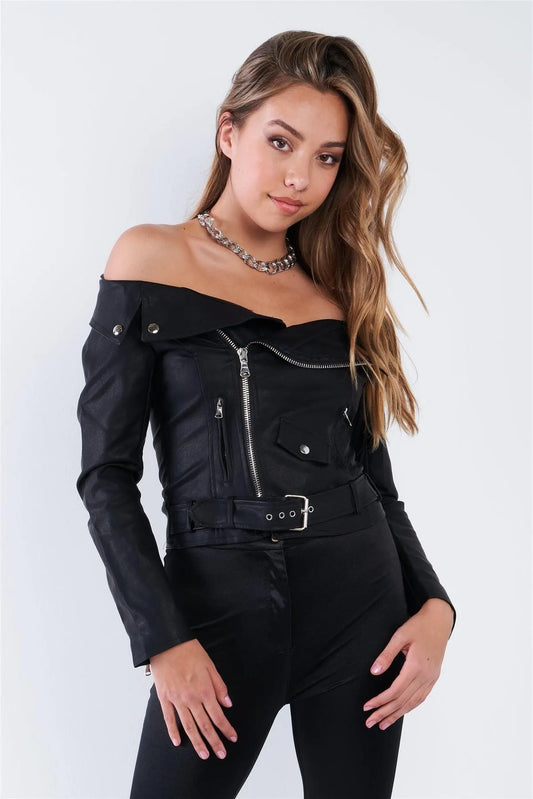 Black Off The Shoulder Vegan Leather Moto Jacket - Tasha Apparel Wholesale