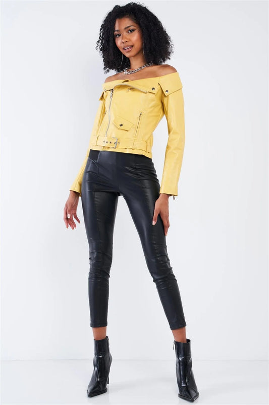 Vintage Yellow Vegan Leather Off-The-Shoulder Cropped Jacket - Tasha Apparel Wholesale