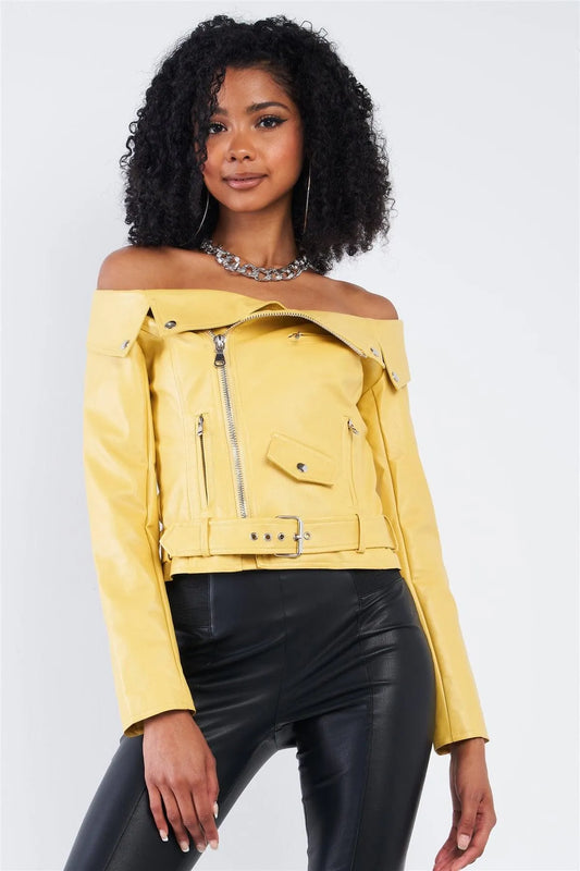 Vintage Vegan Leather Belted Cropped Jacket - Tasha Apparel Wholesale