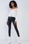 Snowball White Vegan Leather Off-The-Shoulder Oblique Zipper Belted Cropped Jacket /1-3-2 - Tasha Apparel Wholesale