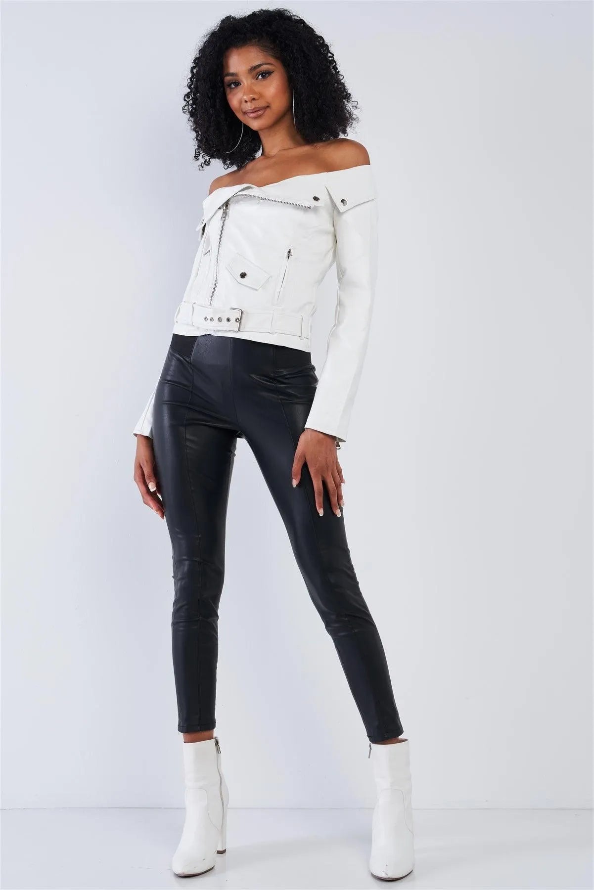Snowball White Vegan Leather Off-The-Shoulder Oblique Zipper Belted Cropped Jacket /1-3-2 - Tasha Apparel Wholesale