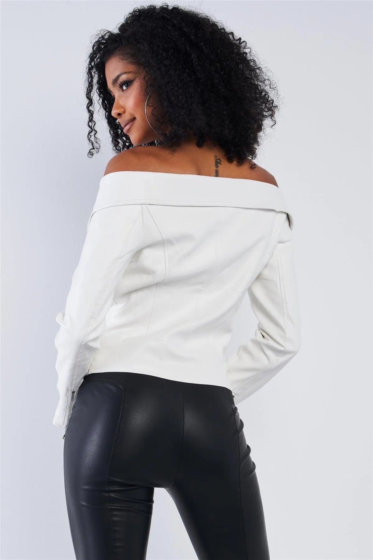 Snowball White Vegan Leather Off-The-Shoulder Oblique Zipper Belted Cropped Jacket /1-3-2 - Tasha Apparel Wholesale