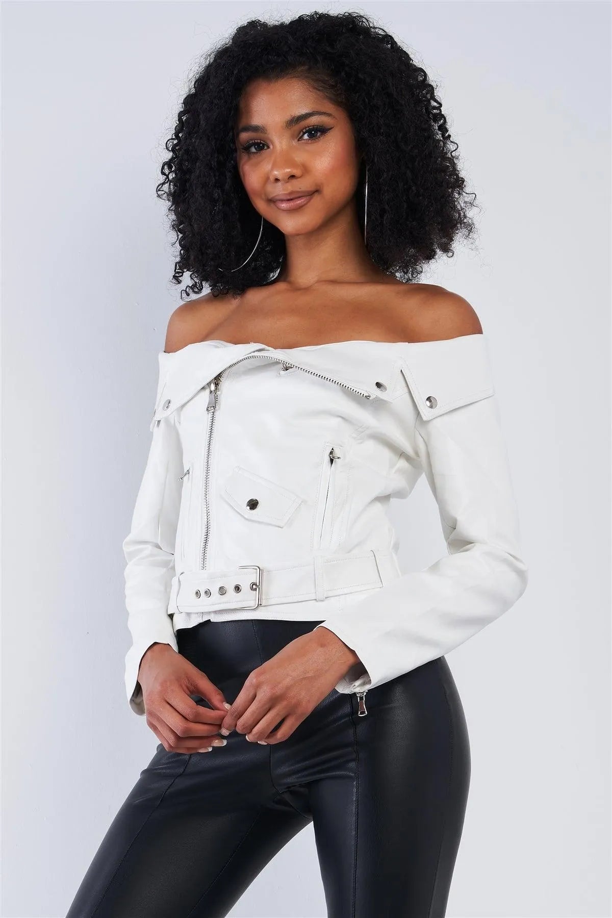 Snowball White Vegan Leather Off-The-Shoulder Oblique Zipper Belted Cropped Jacket /1-3-2 - Tasha Apparel Wholesale