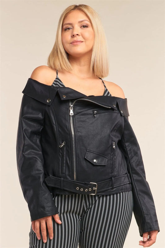 Junior Plus Size Black Vegan Leather Off-The-Shoulder Oblique Zipper Belted Cropped Jacket /2-2-2 - Tasha Apparel Wholesale
