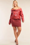 Junior Plus Size Burgundy Vegan Leather Off-The-Shoulder Oblique Zipper Belted Cropped Jacket /2-1-2 - Tasha Apparel Wholesale