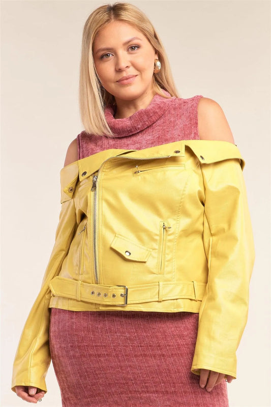Junior Plus Size Banana Yellow Vegan Leather Off-The-Shoulder Oblique Zipper Belted Cropped Jacket /2-2-2 - Tasha Apparel Wholesale