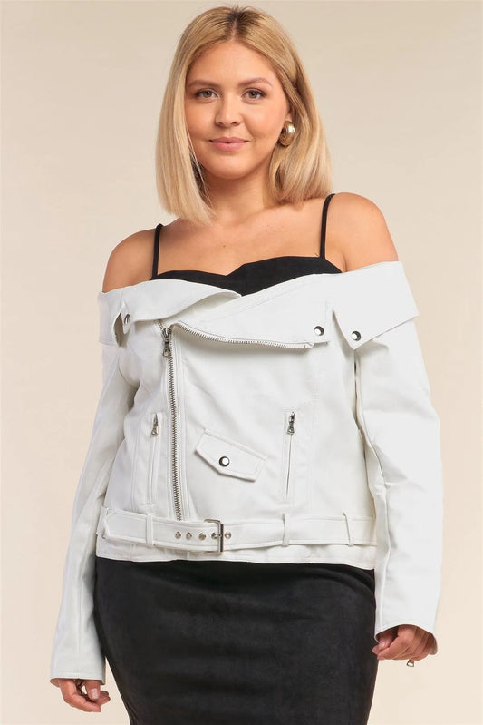Junior Plus Size Snowball White Vegan Leather Off-The-Shoulder Oblique Zipper Belted Cropped Jacket /2-2-2 - Tasha Apparel Wholesale
