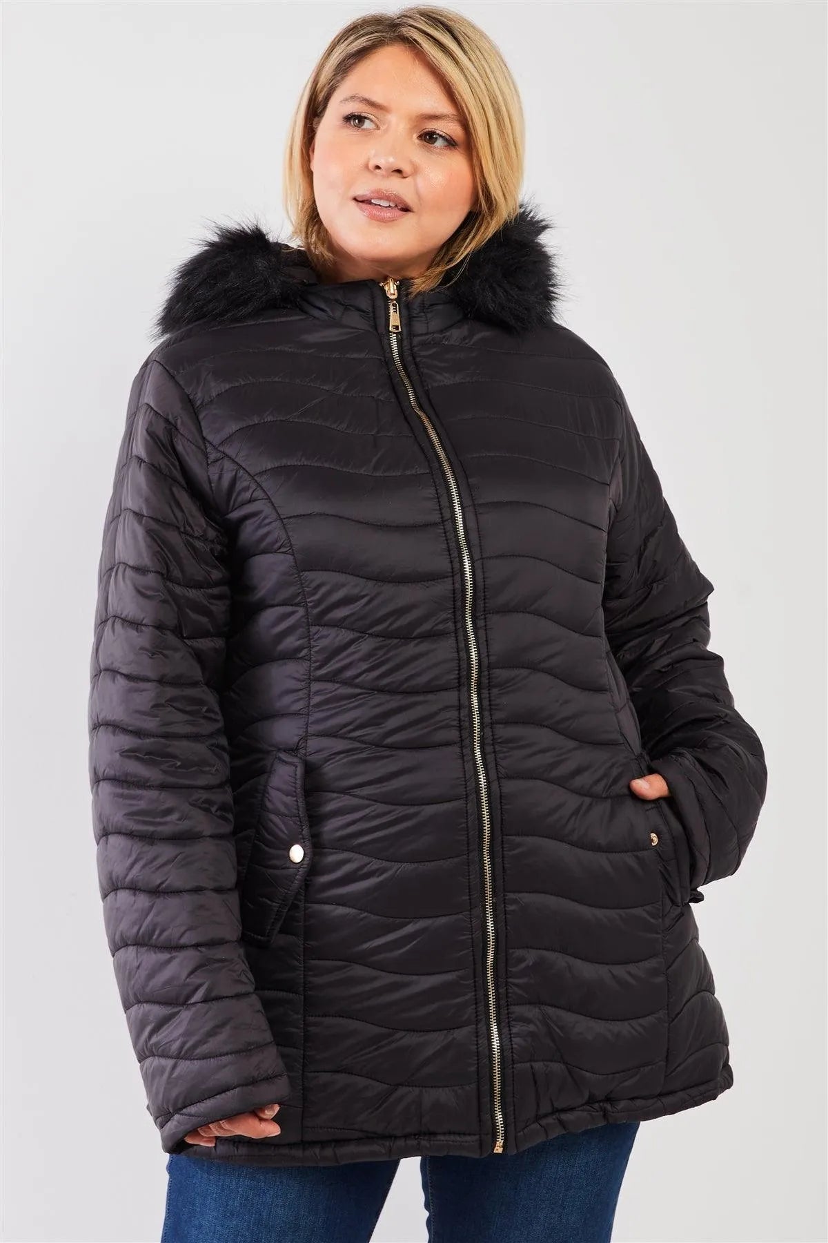 Junior Plus Size Reversible Black Dyed Vegan Fur Double-Sided Cotton Twill Parka & Puffer Jacket /1-1-1-1 - Tasha Apparel Wholesale