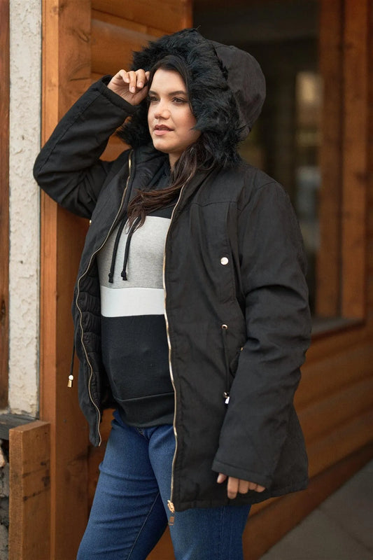 Junior Plus Size Reversible Black Dyed Vegan Fur Double-Sided Cotton Twill Parka & Puffer Jacket - Tasha Apparel Wholesale