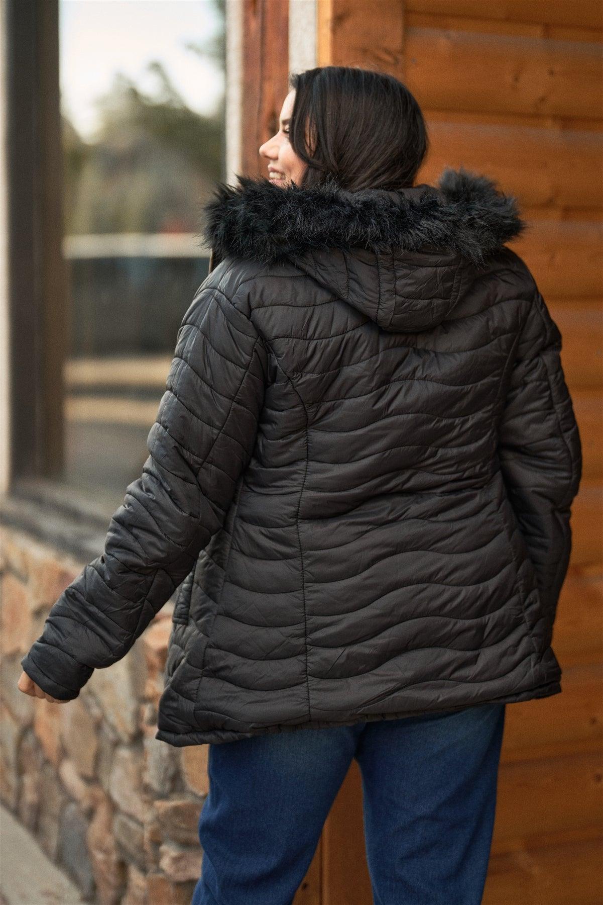 Junior Plus Size Reversible Black Dyed Vegan Fur Double-Sided Cotton Twill Parka & Puffer Jacket