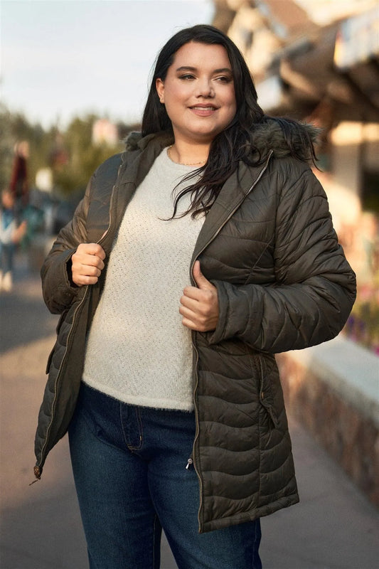 Junior Plus Size Reversible Olive Dyed Vegan Fur Double-Sided Cotton Twill Parka & Puffer Jacket /1-1-1-1 - Tasha Apparel Wholesale