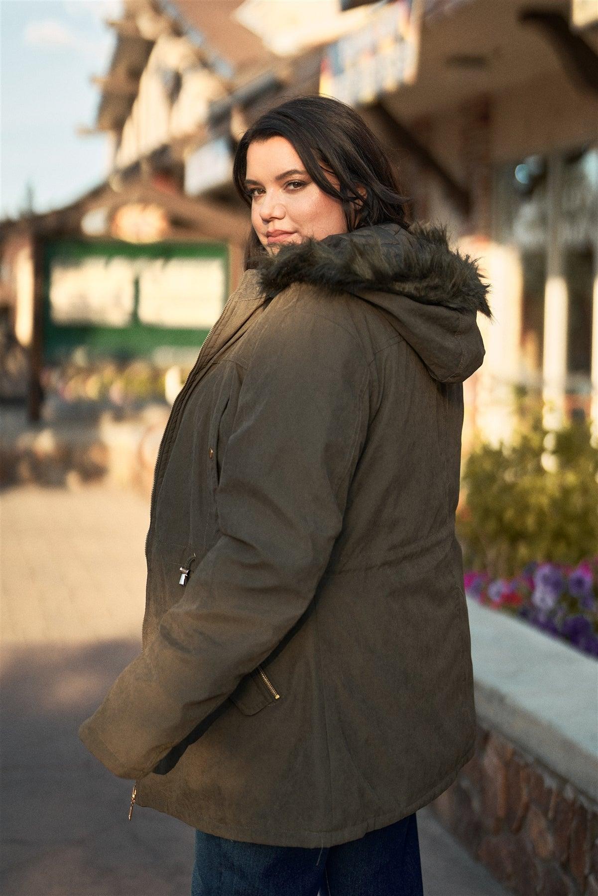 Junior Plus Size Reversible Olive Dyed Vegan Fur Double-Sided Cotton Twill Parka & Puffer Jacket /1-1-1-1