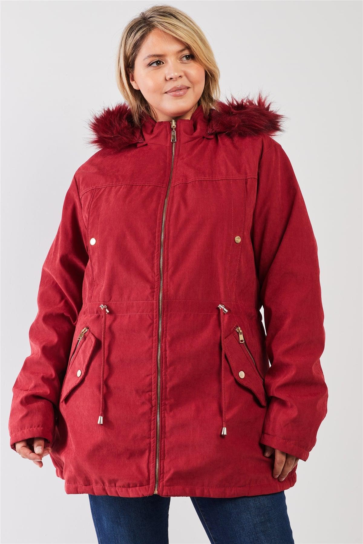 Junior Plus Size Reversible Wine Red Dyed Vegan Fur Double-Sided Cotton Twill Parka & Puffer Jacket