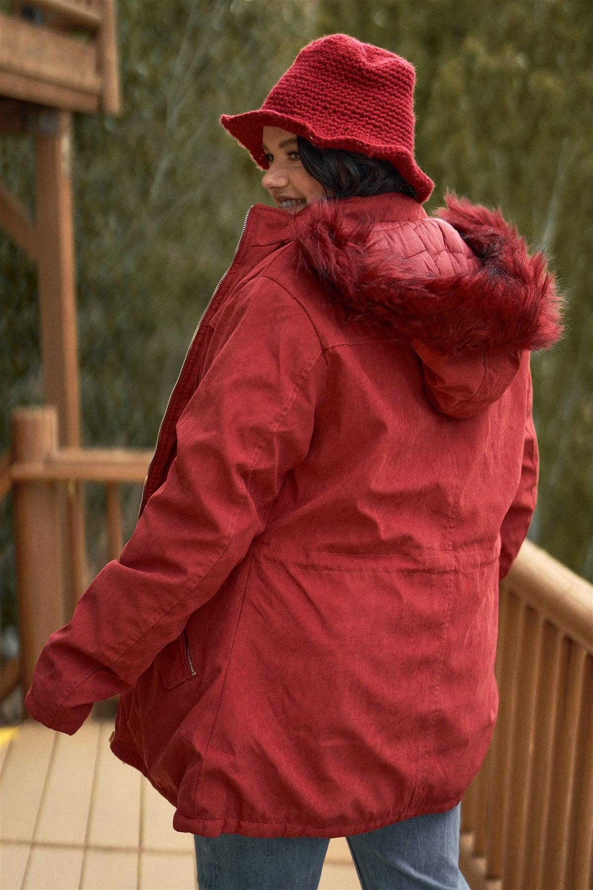 Junior Plus Size Reversible Wine Red Dyed Vegan Fur Double-Sided Cotton Twill Parka & Puffer Jacket
