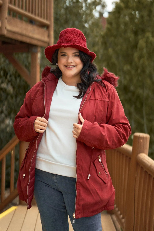 Junior Plus Size Reversible Wine Red Dyed Vegan Fur Double-Sided Cotton Twill Parka & Puffer Jacket /2-2 - Tasha Apparel Wholesale