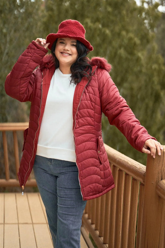 Junior Plus Size Reversible Wine Red Dyed Vegan Fur Double-Sided Cotton Twill Parka & Puffer Jacket /1-1-1-1 - Tasha Apparel Wholesale